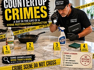 Infographic poster about countertop crimes: a contractor demonstrates four common scams with a 'Crime Scene Do Not Cross' banner and a safety checklist.