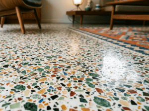 Close-up of a terrazzo floor with multicolored chips in a living room; furniture legs are visible in the background.